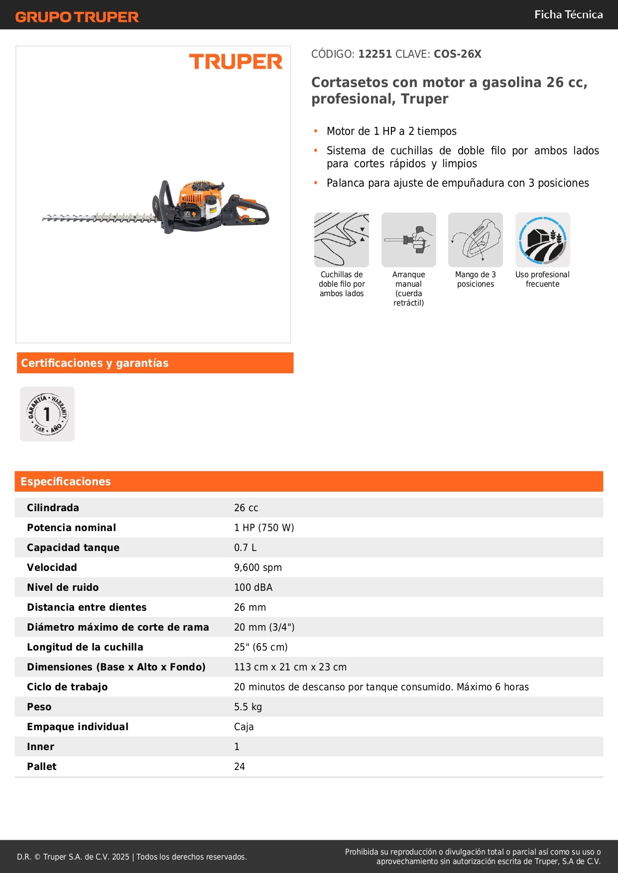Cortasetos Profesional Truper COS-26X Motor Gasolina 26cc 1HP - Solución Completa para Poda y Mantenimiento de Jardines