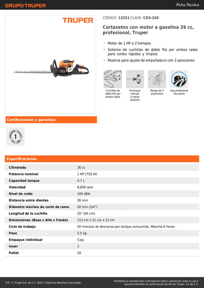 Cortasetos Profesional Truper COS-26X Motor Gasolina 26cc 1HP - Solución Completa para Poda y Mantenimiento de Jardines
