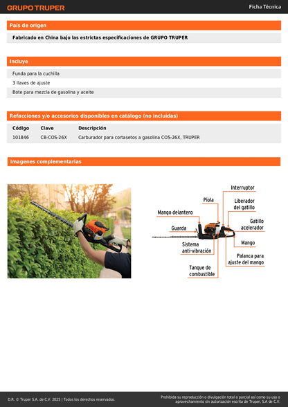 Cortasetos Profesional Truper COS-26X Motor Gasolina 26cc 1HP - Solución Completa para Poda y Mantenimiento de Jardines
