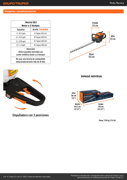 Cortasetos Profesional Truper COS-26X Motor Gasolina 26cc 1HP - Solución Completa para Poda y Mantenimiento de Jardines