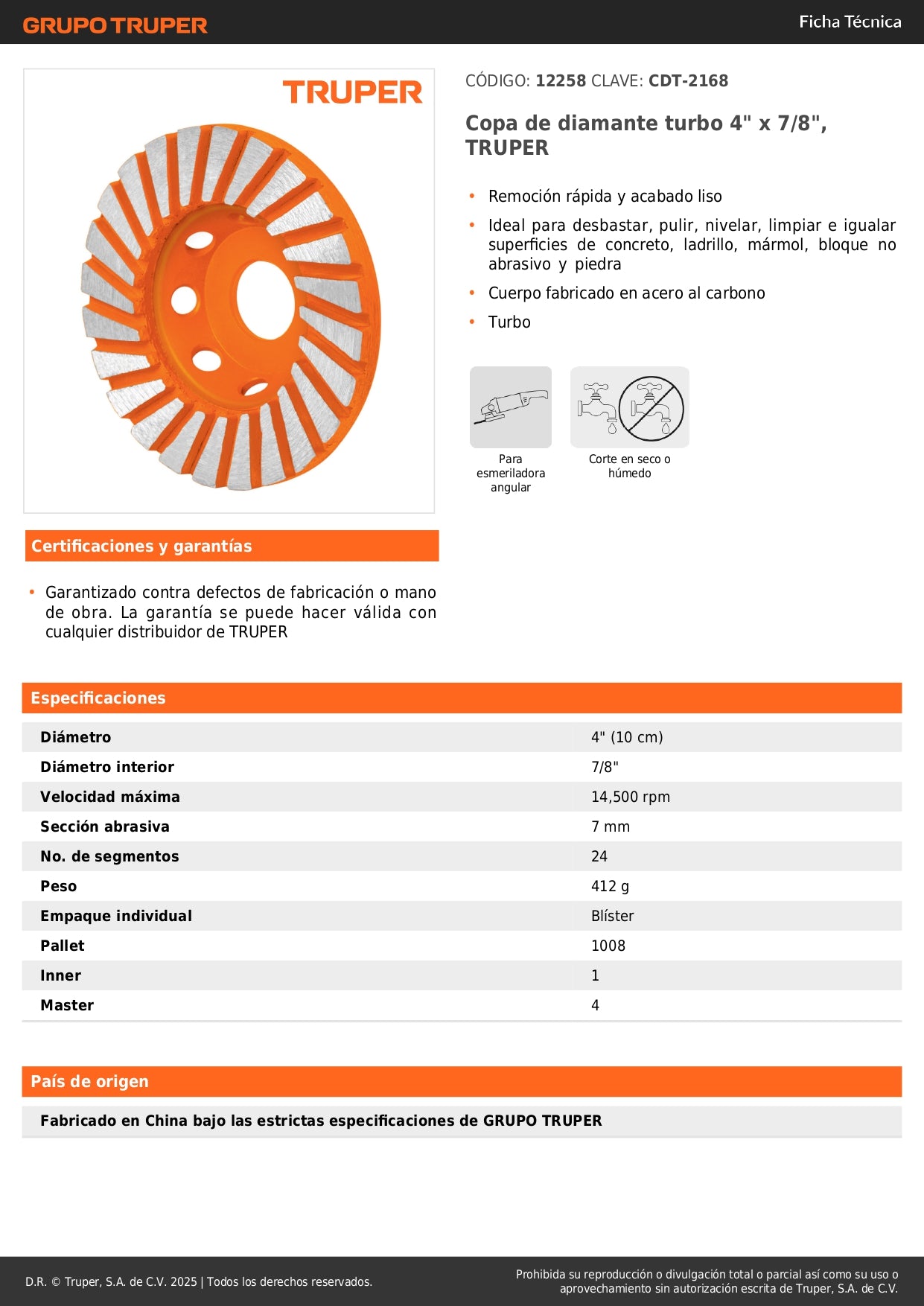 Copa de diamante turbo 4" x 7/8", TRUPER