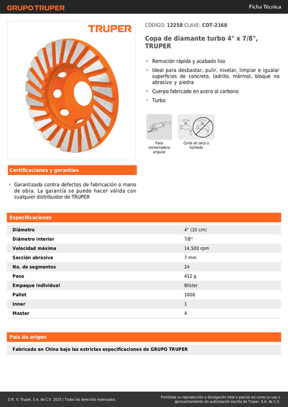 Copa de diamante turbo 4" x 7/8", TRUPER
