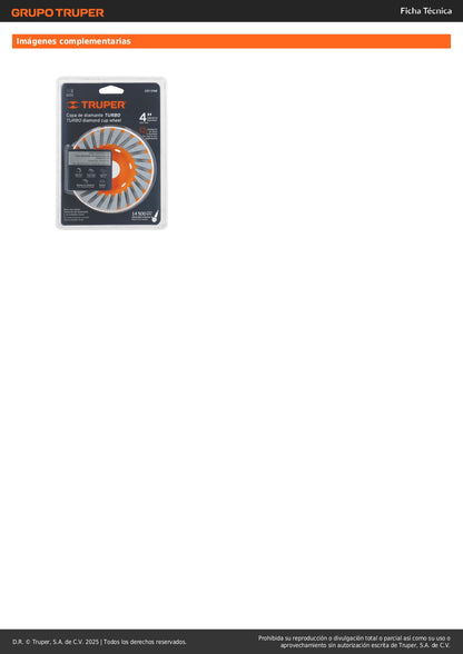 Copa de diamante turbo 4" x 7/8", TRUPER