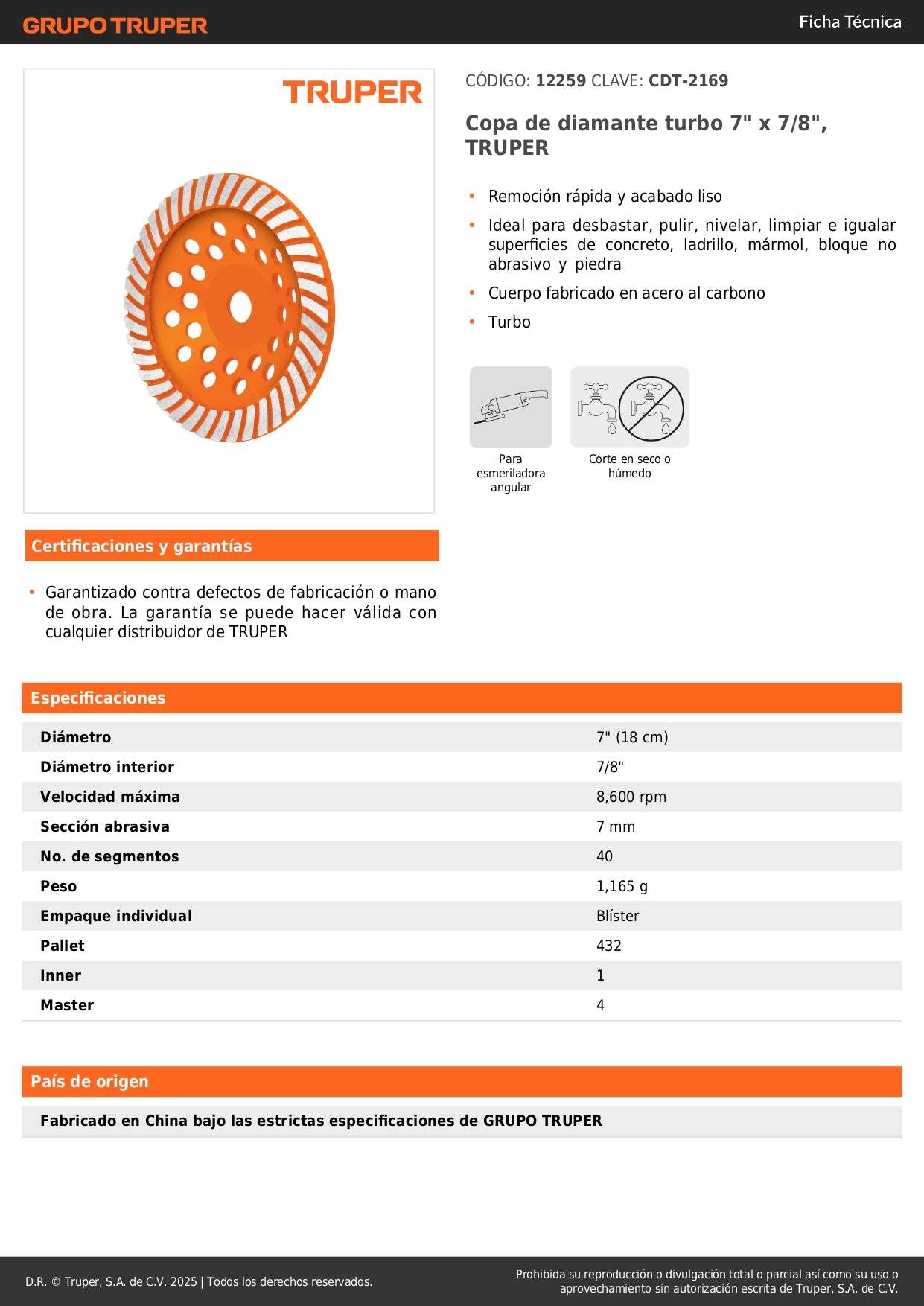 Copa de diamante turbo 7" x 7/8", TRUPER