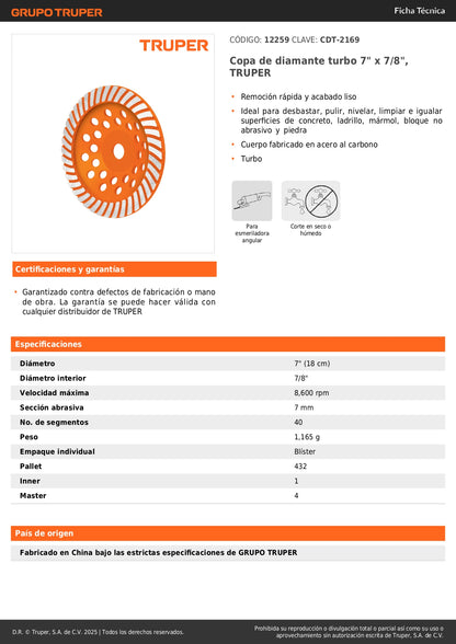 Copa de diamante turbo 7" x 7/8", TRUPER