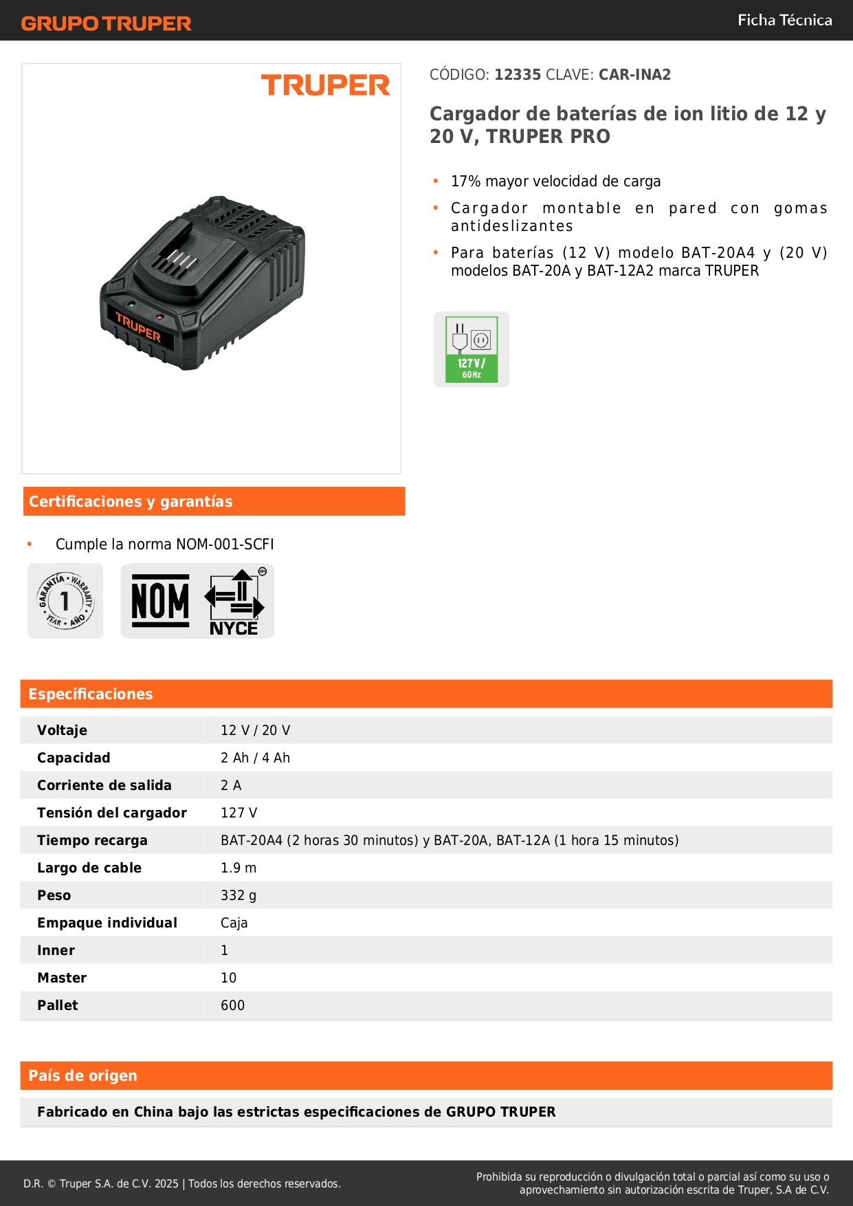 Cargador de Baterías Ion Litio 12V 20V TRUPER PRO CAR-INA2 - Carga Rápida 17% Más Veloz