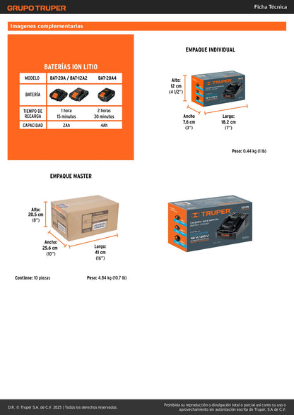 Cargador de Baterías Ion Litio 12V 20V TRUPER PRO CAR-INA2 - Carga Rápida 17% Más Veloz