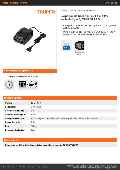 Cargador de Baterías TRUPER PRO 12V-20V Tipo C Montable en Pared CAR-INA2-2