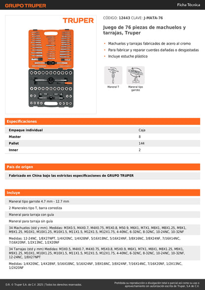 Juego Machuelos y Tarrajas 76 Piezas Truper J-MATA-76 - Reparación y Fabricación de Cuerdas Dañadas - Acero al Cromo con Estuche