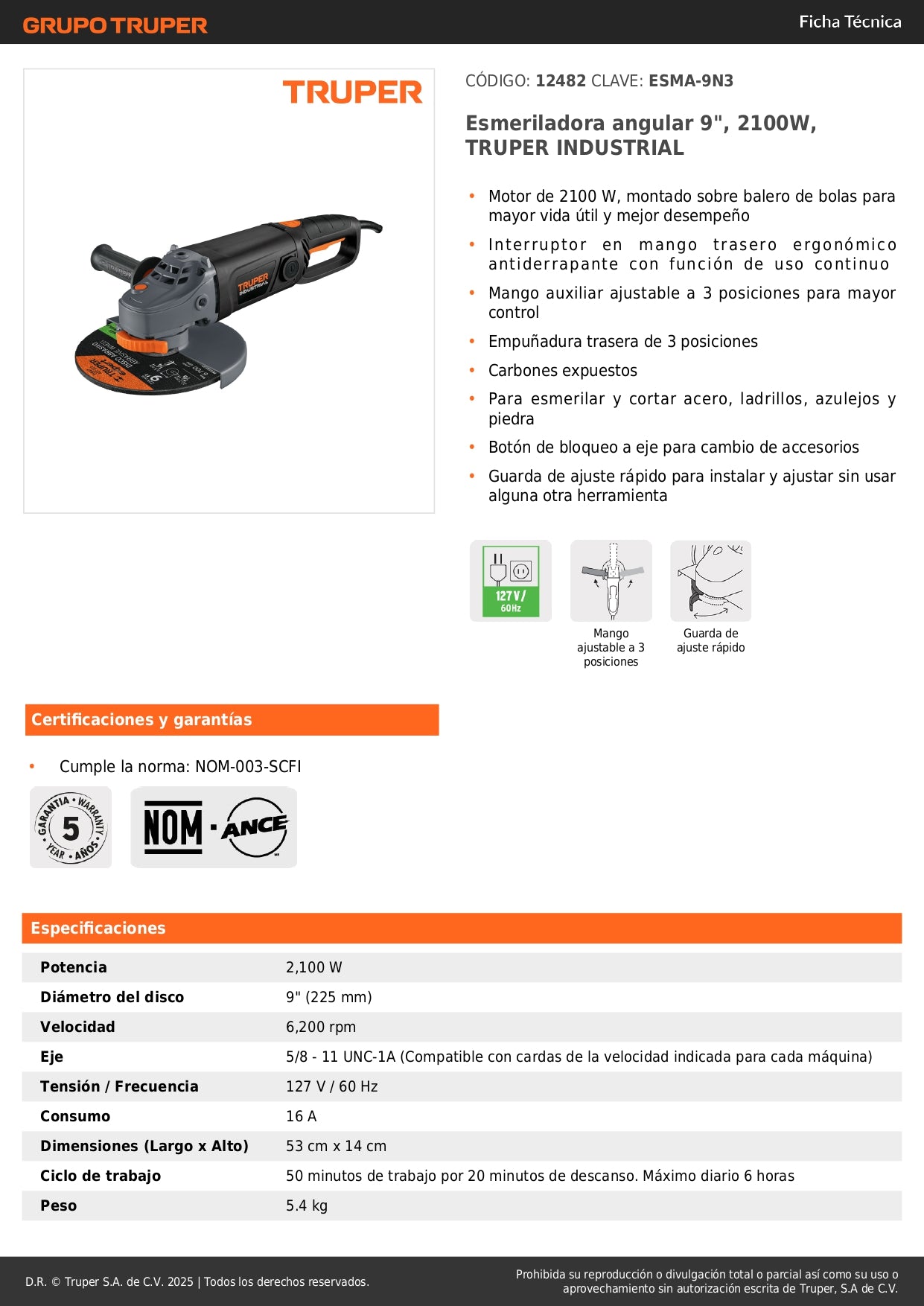 Esmeriladora Angular 9 Pulgadas 2100W TRUPER INDUSTRIAL ESMA-9N3 - Motor Balero Bolas Mango Ergonómico Antiderrapante