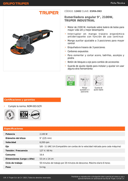 Esmeriladora Angular 9 Pulgadas 2100W TRUPER INDUSTRIAL ESMA-9N3 - Motor Balero Bolas Mango Ergonómico Antiderrapante