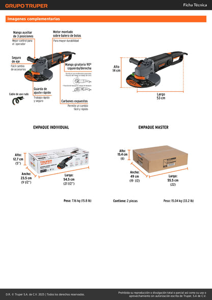 Esmeriladora Angular 9 Pulgadas 2100W TRUPER INDUSTRIAL ESMA-9N3 - Motor Balero Bolas Mango Ergonómico Antiderrapante