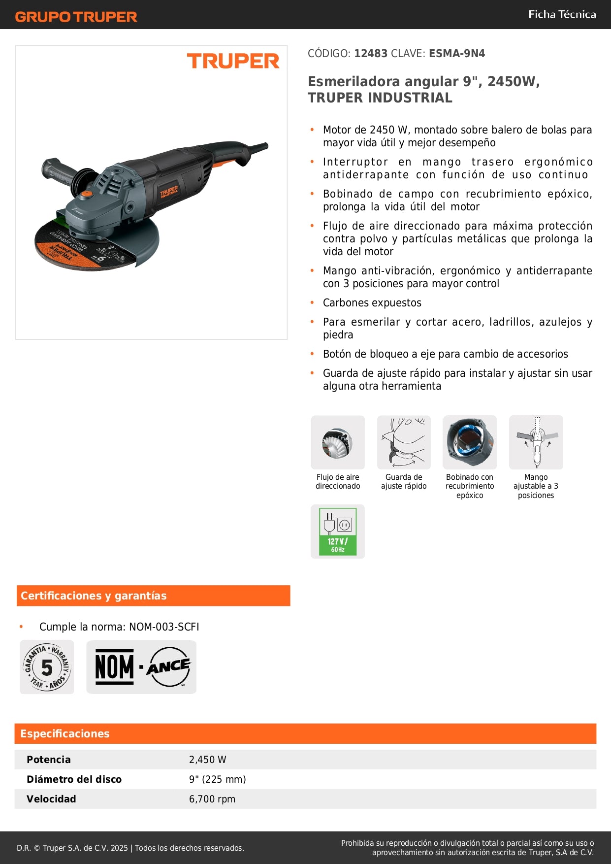 Esmeriladora Angular 9 Pulgadas 2450W TRUPER INDUSTRIAL ESMA-9N4 - Motor Potente con Mango Ergonómico Antivibración