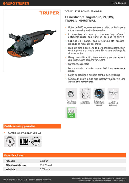 Esmeriladora Angular 9 Pulgadas 2450W TRUPER INDUSTRIAL ESMA-9N4 - Motor Potente con Mango Ergonómico Antivibración