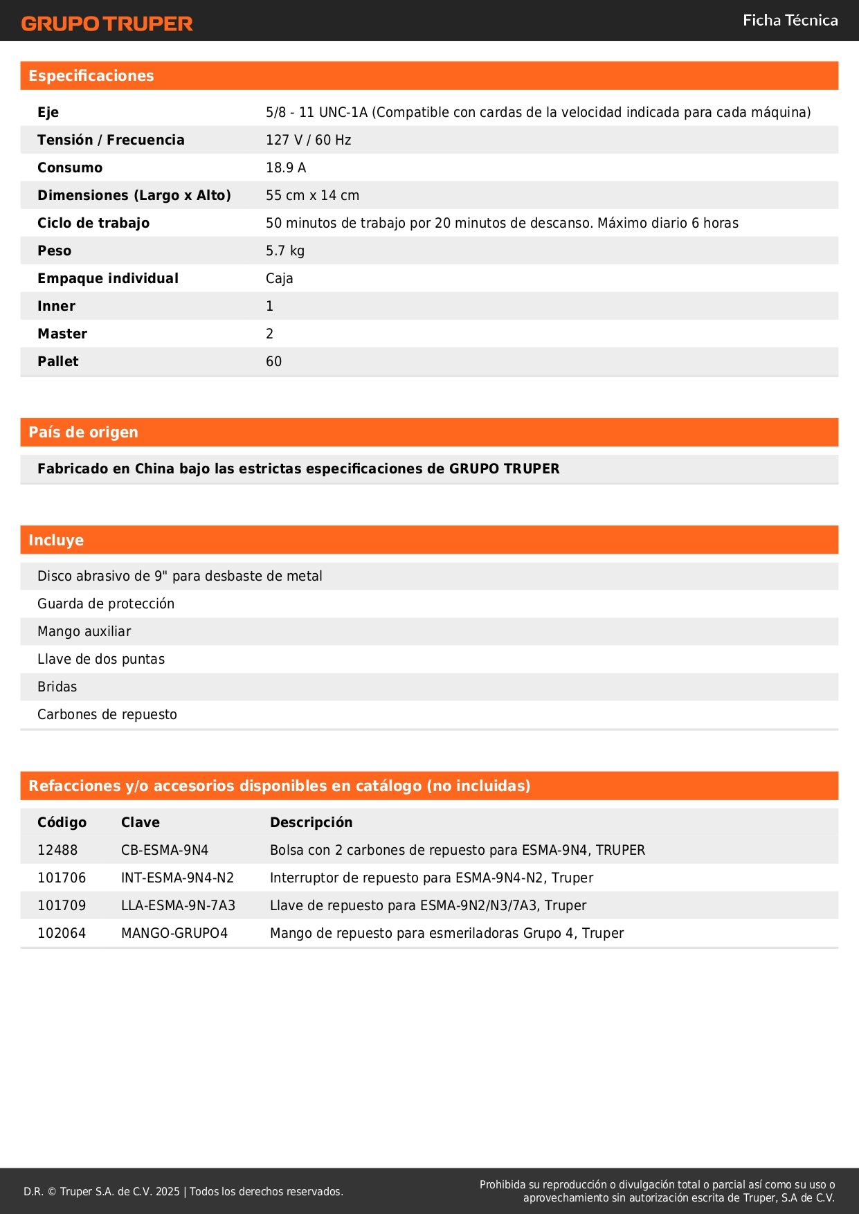 Esmeriladora Angular 9 Pulgadas 2450W TRUPER INDUSTRIAL ESMA-9N4 - Motor Potente con Mango Ergonómico Antivibración