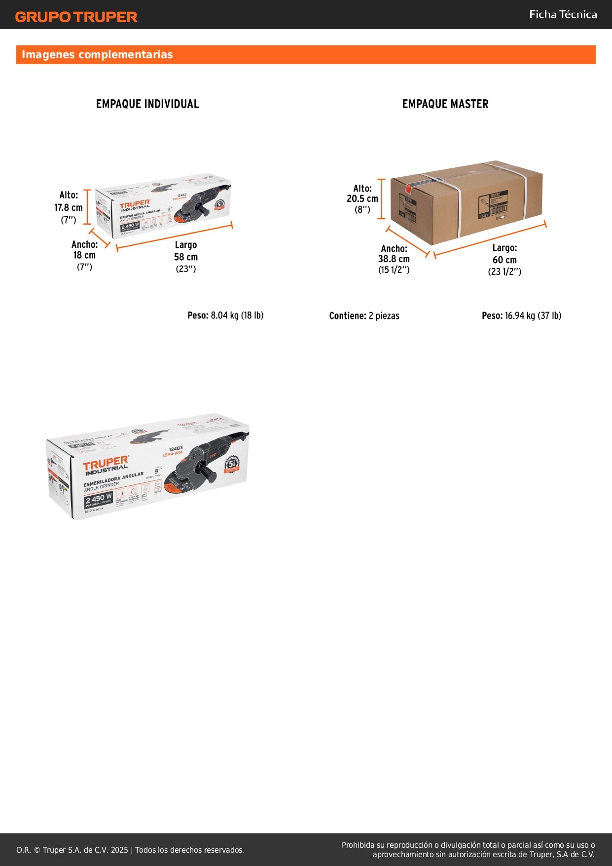 Esmeriladora Angular 9 Pulgadas 2450W TRUPER INDUSTRIAL ESMA-9N4 - Motor Potente con Mango Ergonómico Antivibración