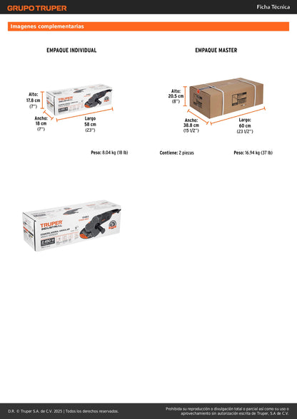 Esmeriladora Angular 9 Pulgadas 2450W TRUPER INDUSTRIAL ESMA-9N4 - Motor Potente con Mango Ergonómico Antivibración