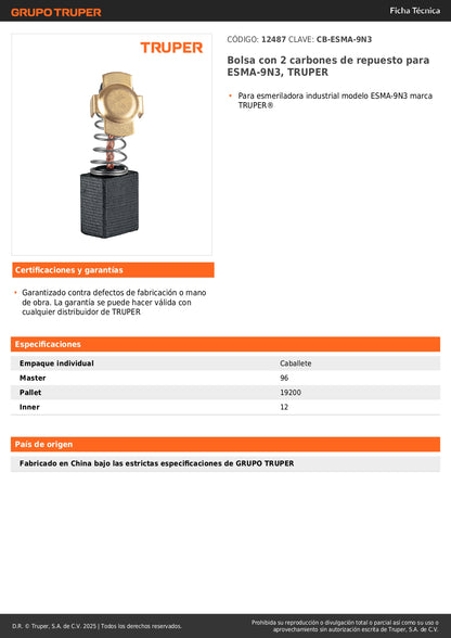 Bolsa con 2 carbones de repuesto para ESMA-9N3, TRUPER