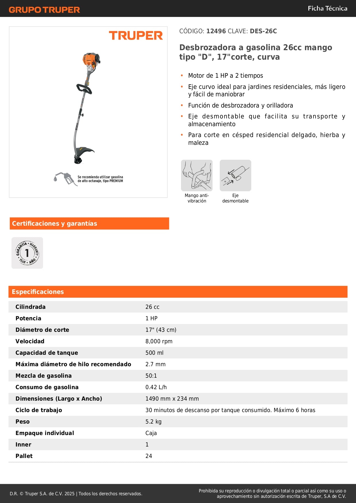 Desbrozadora Gasolina 26cc DES-26C Mango D Corte 17" - Solución Profesional para Césped Residencial y Maleza