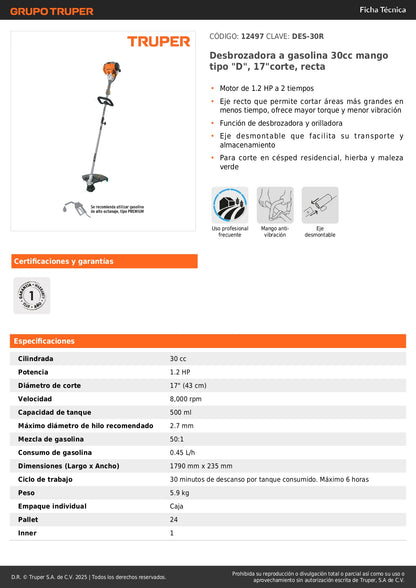 Desbrozadora Gasolina 30cc DES-30R Motor 1.2HP Eje Recto Corte 17 Pulgadas - Solución Profesional para Césped Residencial Hierba y Maleza