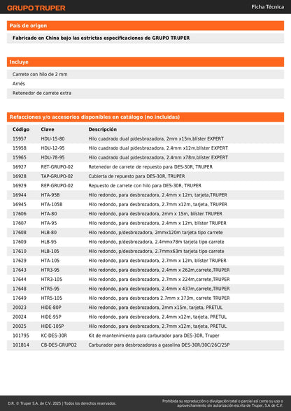 Desbrozadora Gasolina 30cc DES-30R Motor 1.2HP Eje Recto Corte 17 Pulgadas - Solución Profesional para Césped Residencial Hierba y Maleza