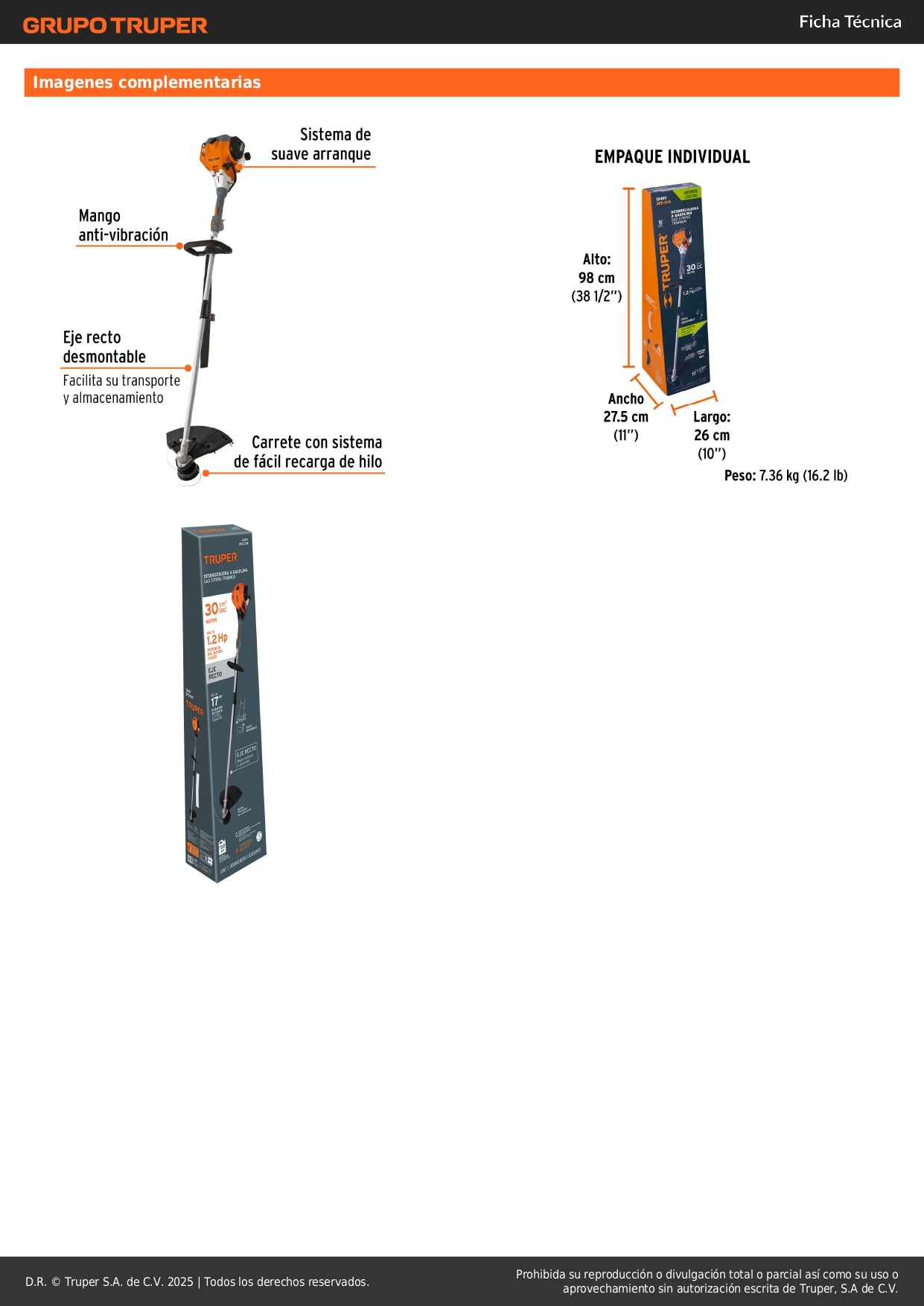 Desbrozadora Gasolina 30cc DES-30R Motor 1.2HP Eje Recto Corte 17 Pulgadas - Solución Profesional para Césped Residencial Hierba y Maleza