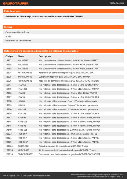 Desbrozadora Gasolina 30cc DES-30C Motor 1.2HP Eje Curvo - Corta Césped Grueso Hierba Maleza Jardín Residencial