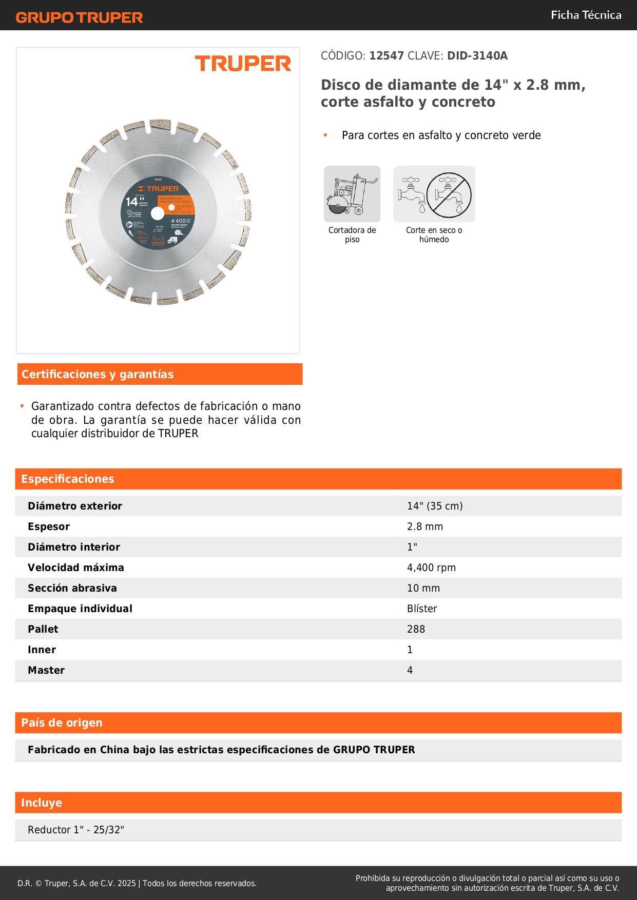 Disco de diamante de 14" x 2.8 mm, corte asfalto y concreto