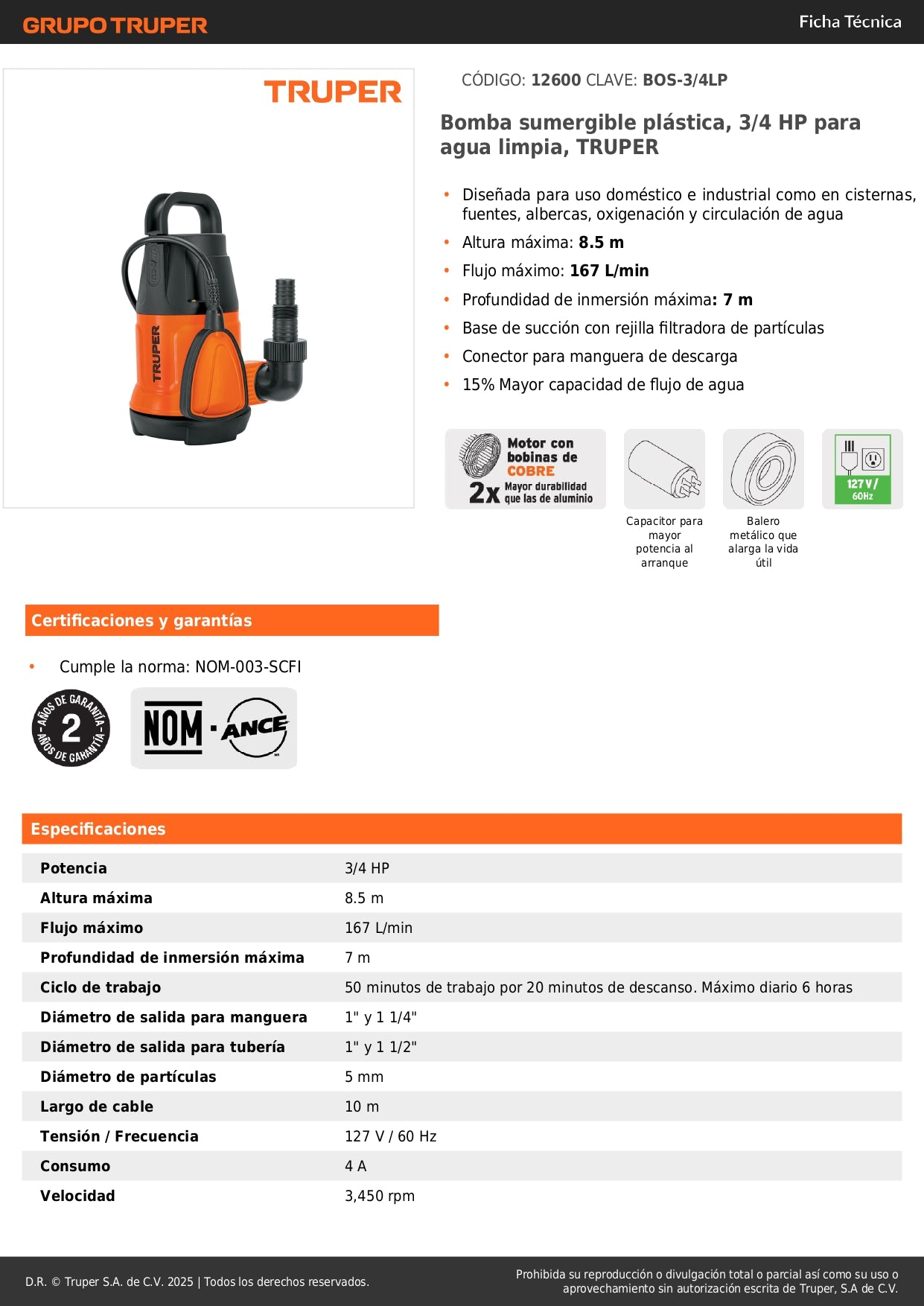 Bomba Sumergible 3/4 HP TRUPER BOS-3/4LP - Agua Limpia Doméstica Industrial Cisterna Alberca 167L/min