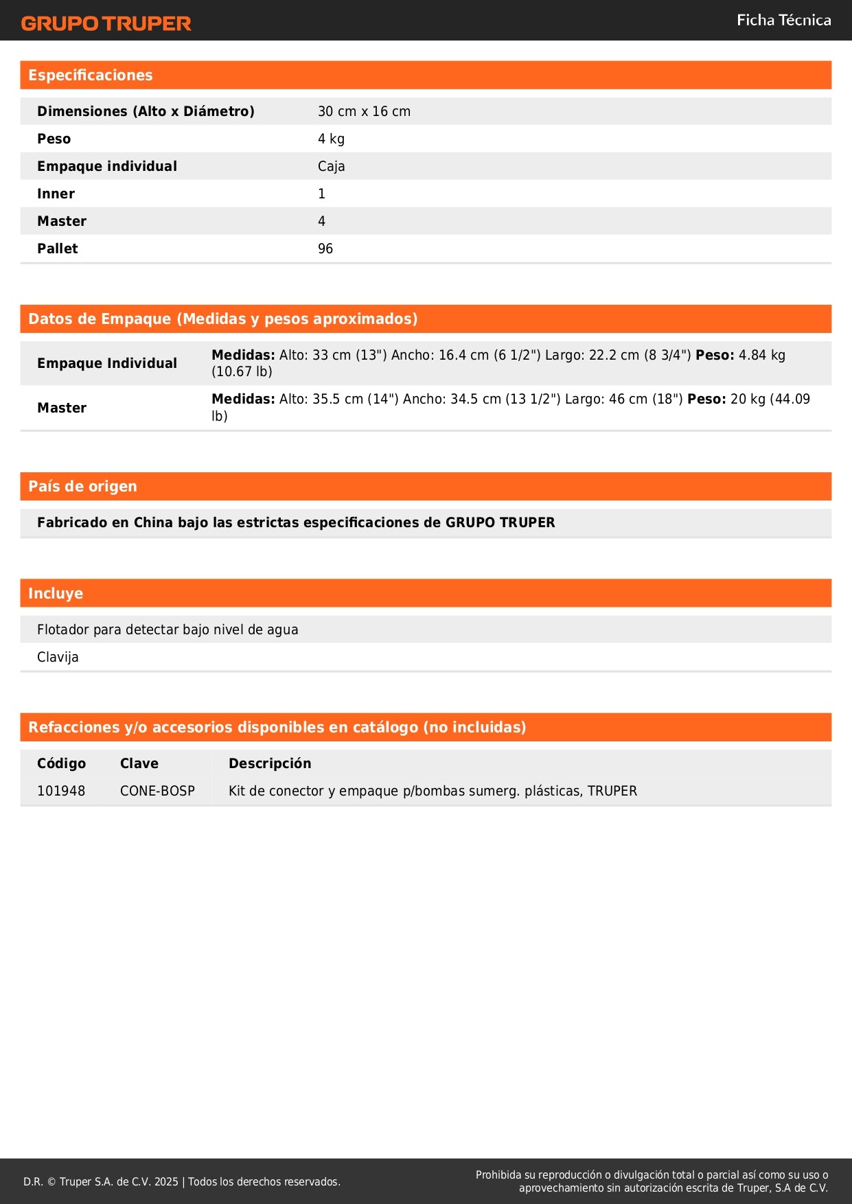 Bomba Sumergible 3/4 HP TRUPER BOS-3/4LP - Agua Limpia Doméstica Industrial Cisterna Alberca 167L/min