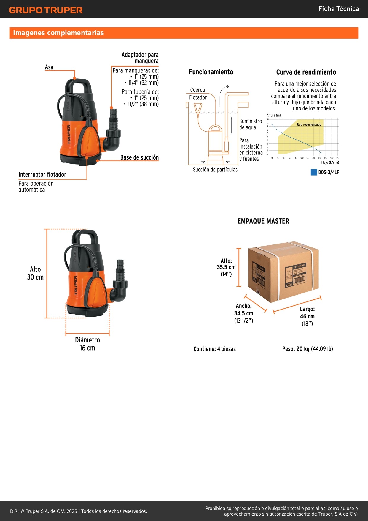 Bomba Sumergible 3/4 HP TRUPER BOS-3/4LP - Agua Limpia Doméstica Industrial Cisterna Alberca 167L/min