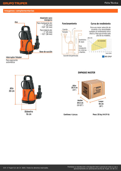 Bomba Sumergible 3/4 HP TRUPER BOS-3/4LP - Agua Limpia Doméstica Industrial Cisterna Alberca 167L/min