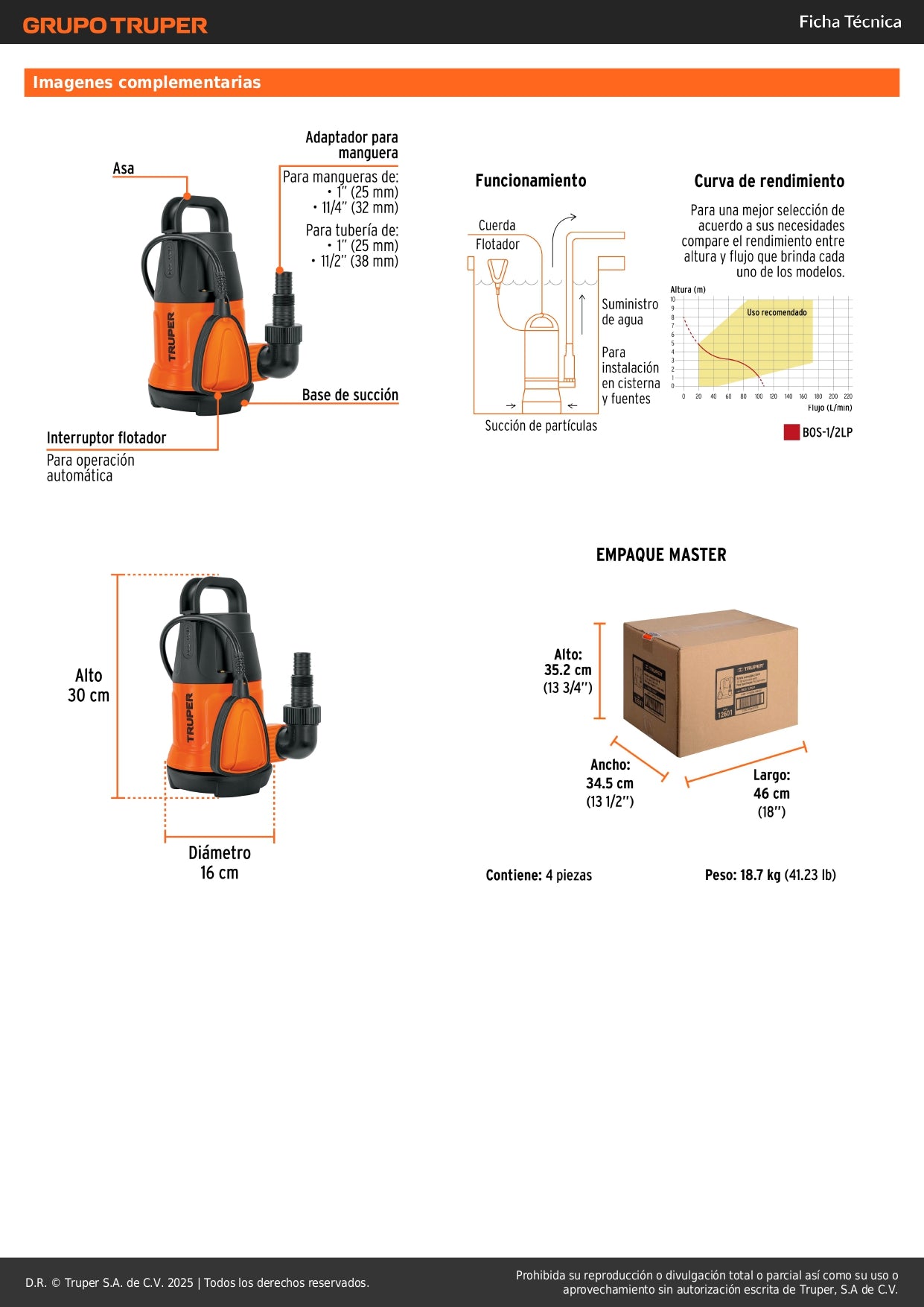 Bomba Sumergible TRUPER 1/2 HP BOS-1/2LP - Agua Limpia Doméstica Industrial - 108 L/min 8m Altura