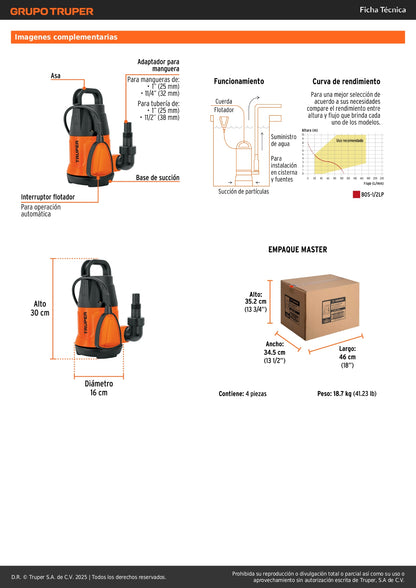 Bomba Sumergible TRUPER 1/2 HP BOS-1/2LP - Agua Limpia Doméstica Industrial - 108 L/min 8m Altura