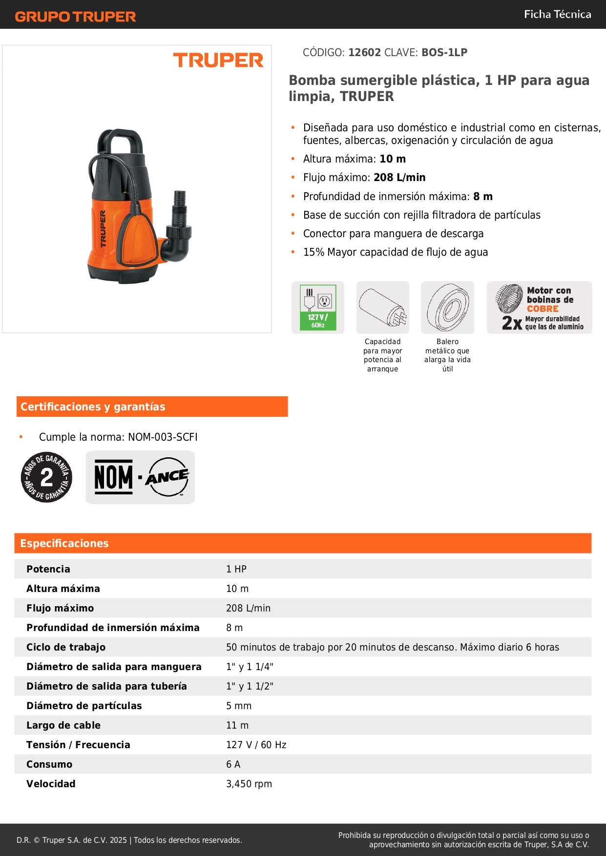 Bomba Sumergible 1 HP TRUPER BOS-1LP - Agua Limpia 208 L/min - Solución Profesional para Cisternas, Albercas y Sistemas de Circulación - 10m Altura Máxima