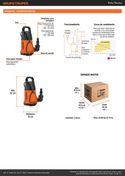Bomba Sumergible 1 HP TRUPER BOS-1LP - Agua Limpia 208 L/min - Solución Profesional para Cisternas, Albercas y Sistemas de Circulación - 10m Altura Máxima