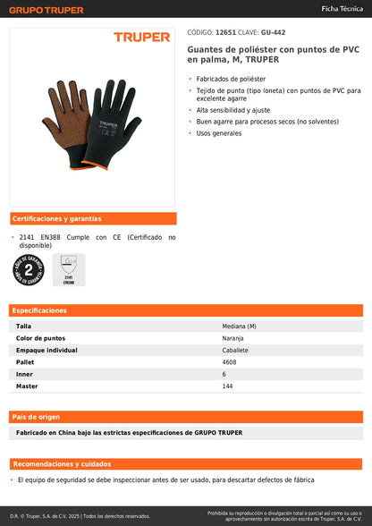 Guantes de Poliéster con Puntos PVC Antideslizantes Talla M - Máximo Agarre y Sensibilidad para Trabajo Industrial - TRUPER GU-442