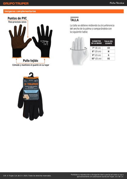 Guantes de Poliéster con Puntos PVC Antideslizantes Talla M - Máximo Agarre y Sensibilidad para Trabajo Industrial - TRUPER GU-442