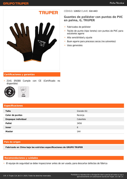 Guantes Industriales TRUPER GU-443 Poliéster con Puntos PVC - Máximo Agarre y Protección para Trabajo Seguro
