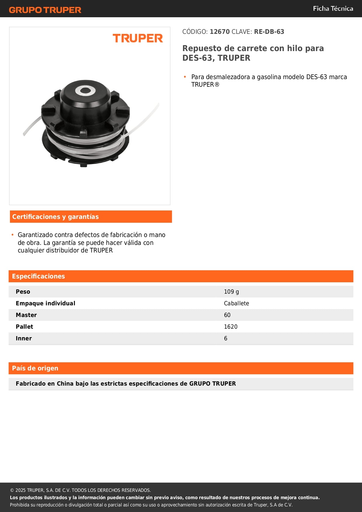 Repuesto de carrete con hilo para DES-63, TRUPER