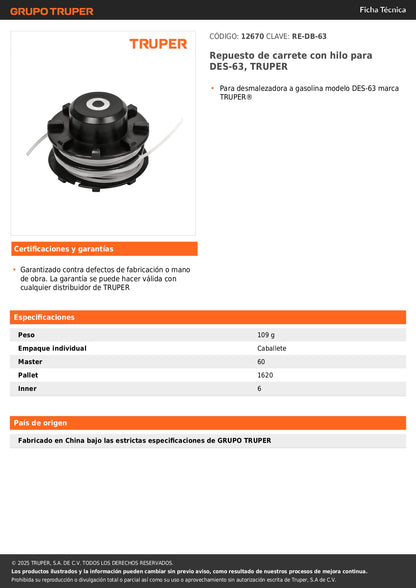Repuesto de carrete con hilo para DES-63, TRUPER