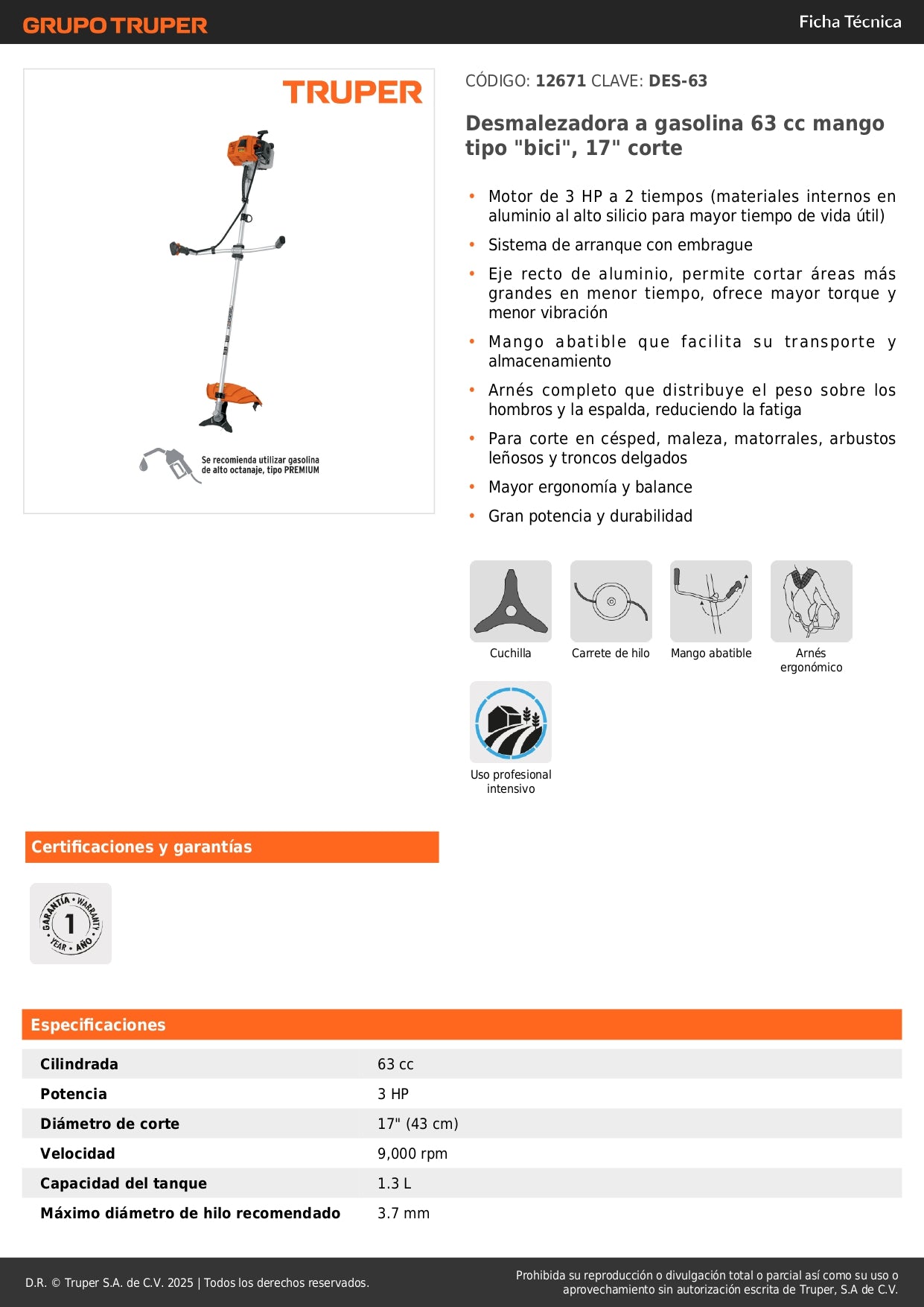 Desmalezadora Gasolina 63cc 3HP Mango Bici 17 Pulgadas - Solución Profesional para Maleza, Césped y Arbustos - Motor 2 Tiempos Aluminio - DES-63