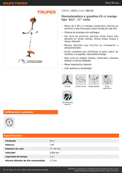 Desmalezadora Gasolina 63cc 3HP Mango Bici 17 Pulgadas - Solución Profesional para Maleza, Césped y Arbustos - Motor 2 Tiempos Aluminio - DES-63