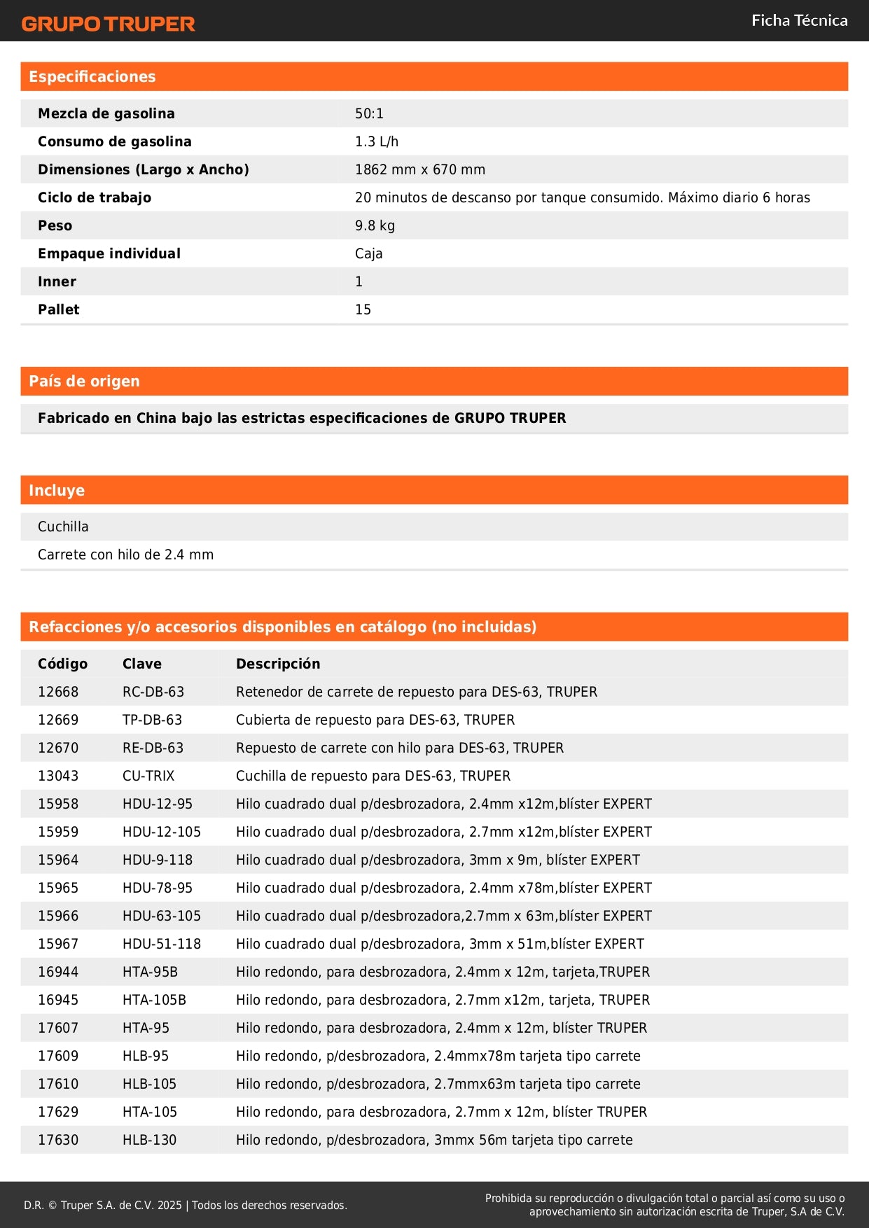 Desmalezadora Gasolina 63cc 3HP Mango Bici 17 Pulgadas - Solución Profesional para Maleza, Césped y Arbustos - Motor 2 Tiempos Aluminio - DES-63