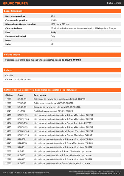 Desmalezadora Gasolina 63cc 3HP Mango Bici 17 Pulgadas - Solución Profesional para Maleza, Césped y Arbustos - Motor 2 Tiempos Aluminio - DES-63