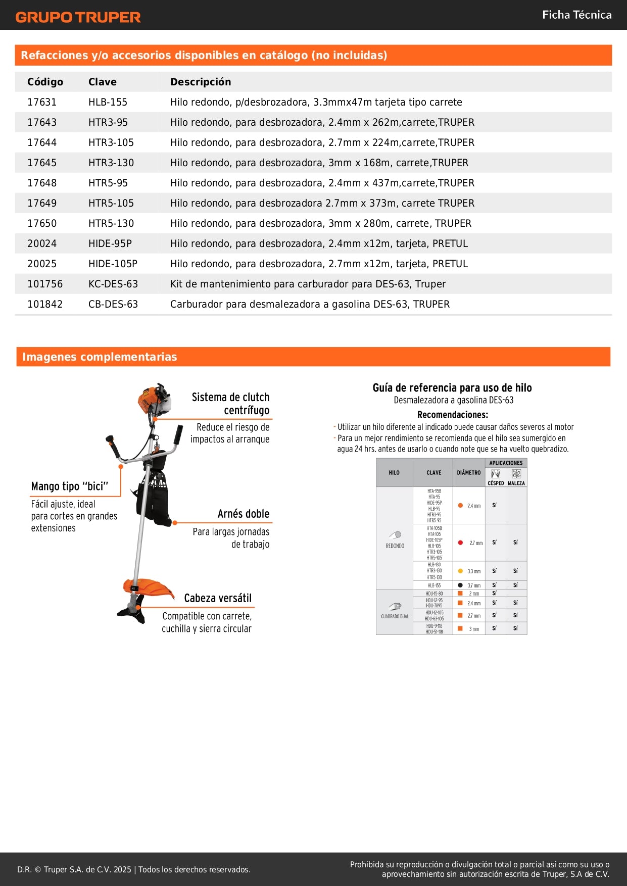 Desmalezadora Gasolina 63cc 3HP Mango Bici 17 Pulgadas - Solución Profesional para Maleza, Césped y Arbustos - Motor 2 Tiempos Aluminio - DES-63