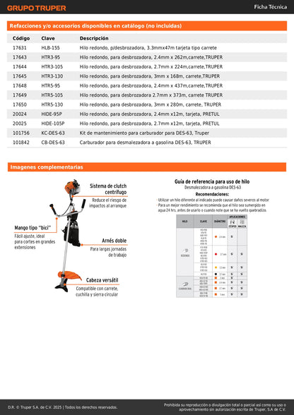 Desmalezadora Gasolina 63cc 3HP Mango Bici 17 Pulgadas - Solución Profesional para Maleza, Césped y Arbustos - Motor 2 Tiempos Aluminio - DES-63