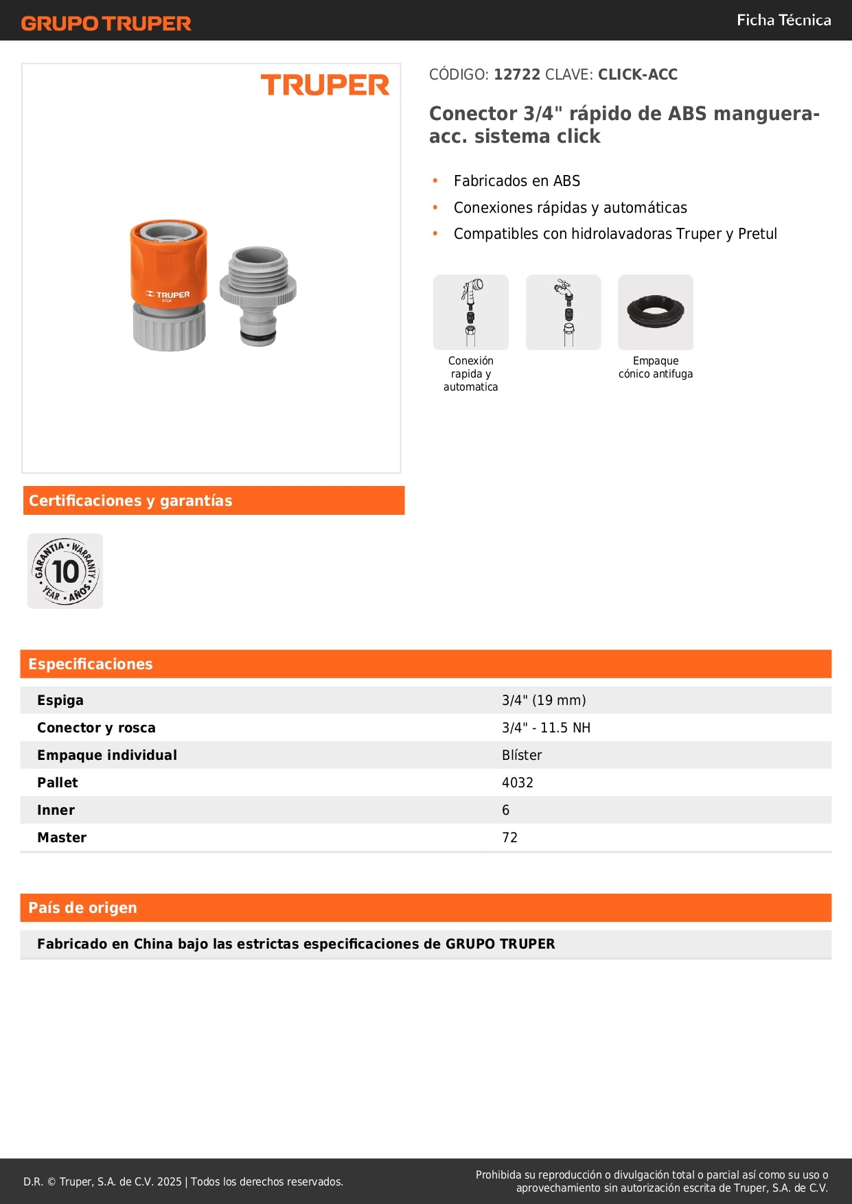 Conector 3/4" rápido de ABS mangueraacc. sistema click