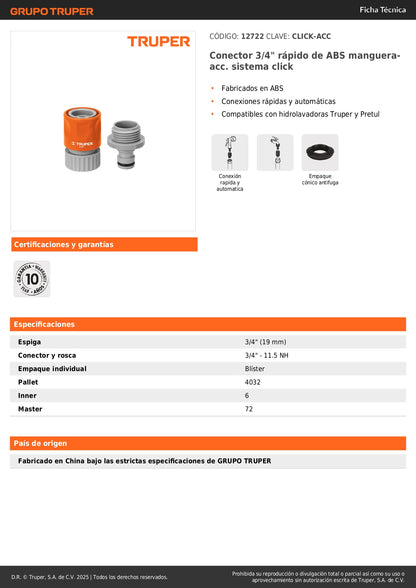 Conector 3/4" rápido de ABS mangueraacc. sistema click