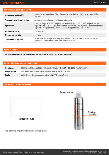 Pintura Aerosol Transparente Mate 400ml PA-TRM - Anticorrosión Secado Rápido Metal Plástico Madera